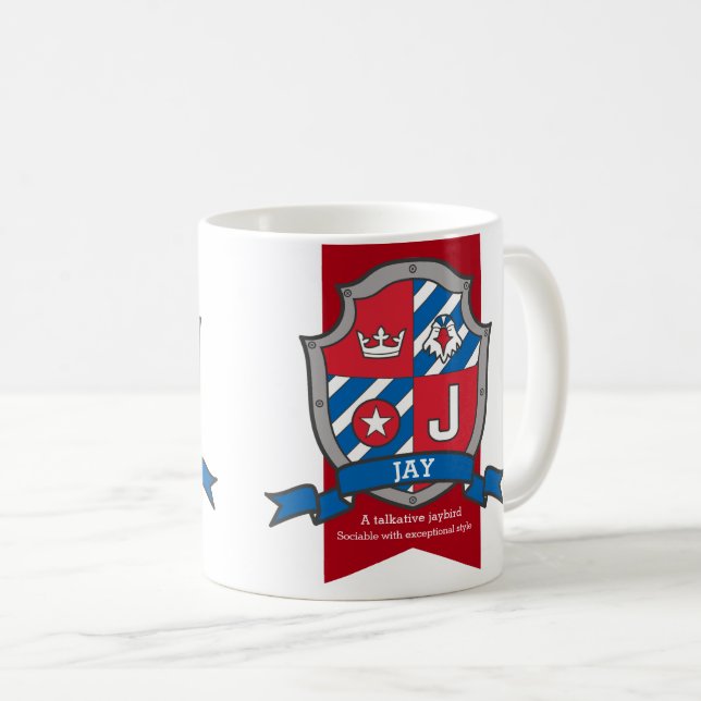 Jay letter J heraldry red blue name meaning Coffee Mug (Front Right)