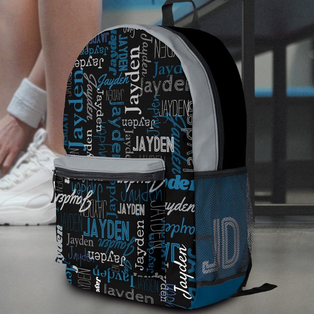 Jayden personalised name blue grey black printed backpack (Creator Uploaded)