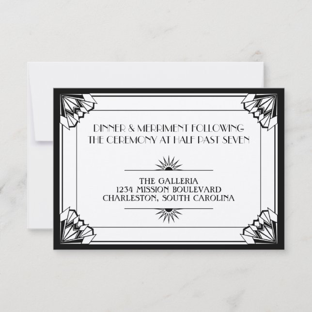 Jazz age black art deco wedding reception invitation (Front)