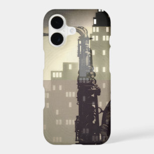 Jazz age inspired saxophone and art deco building