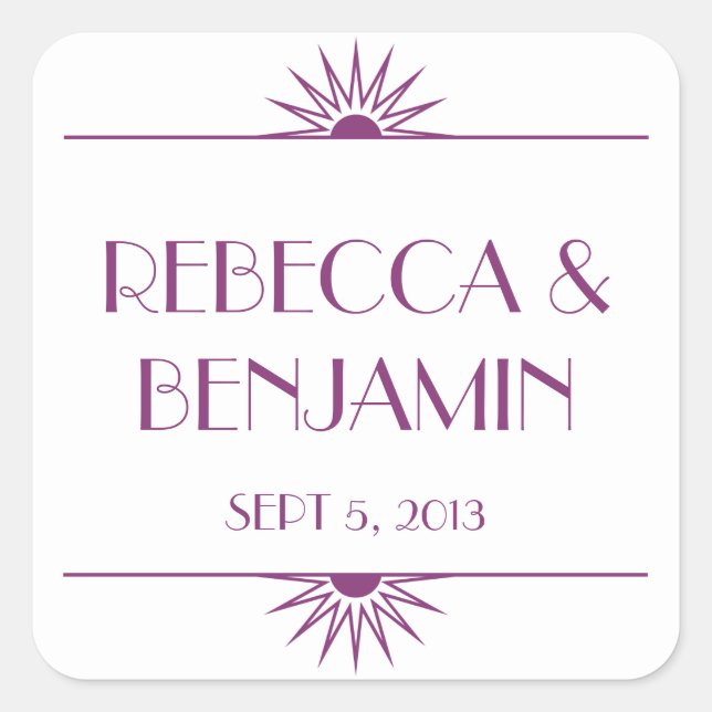Jazz age purple geometric art deco wedding square sticker (Front)