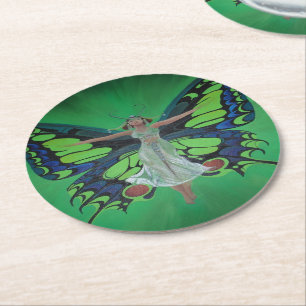 Jazz Age Showgirl Flapper Wearing Butterfly Wings Round Paper Coaster