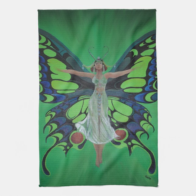 Jazz Age Showgirl Flapper Wearing Butterfly Wings  Tea Towel (Vertical)