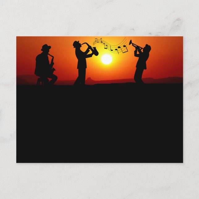 Jazz Band Silhouette Orange Sunset Postcard (Front)