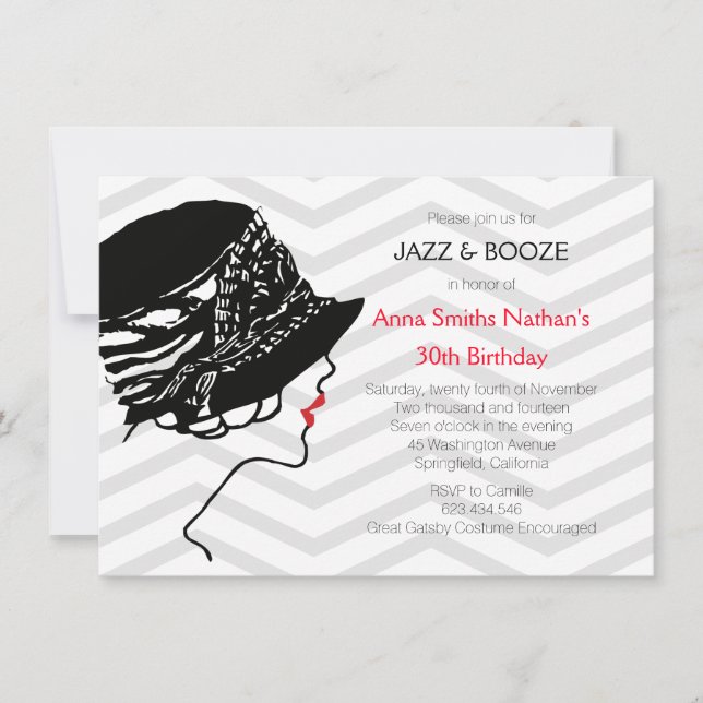 Jazz & Booze Great Gatsby Birthday Invitation (Front)