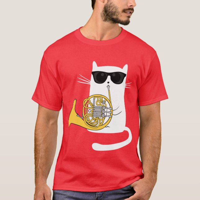 Jazz Cat Playing French Horn Cool Smooth T-Shirt (Front)