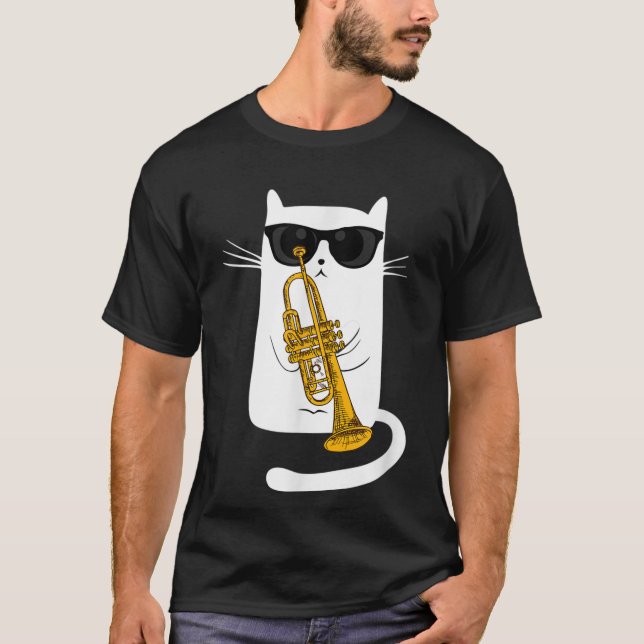 Jazz Cat Playing Trumpet - Hippy Hipster Kitty T-Shirt (Front)