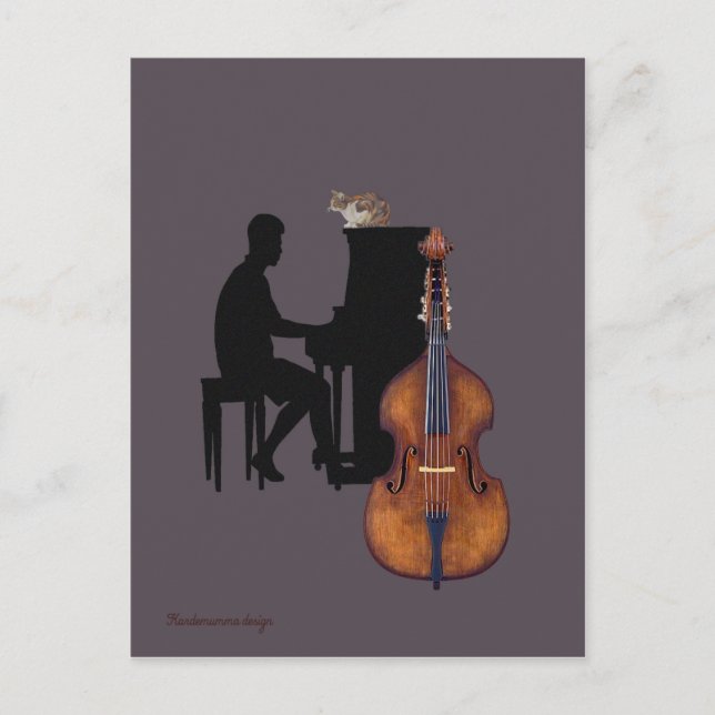 Jazz concert with piano, double-bass and cat postcard (Front)