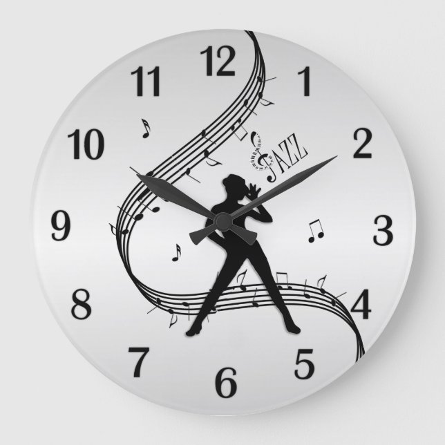 Jazz Dance Silver Black Numbers Large Clock (Front)