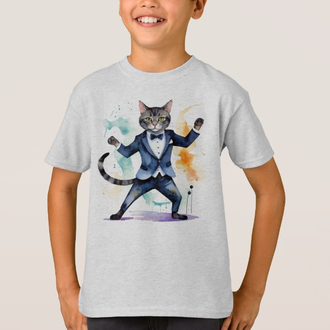 Jazz Dancing Cool Cat Fun Watercolor  T-Shirt (Front)