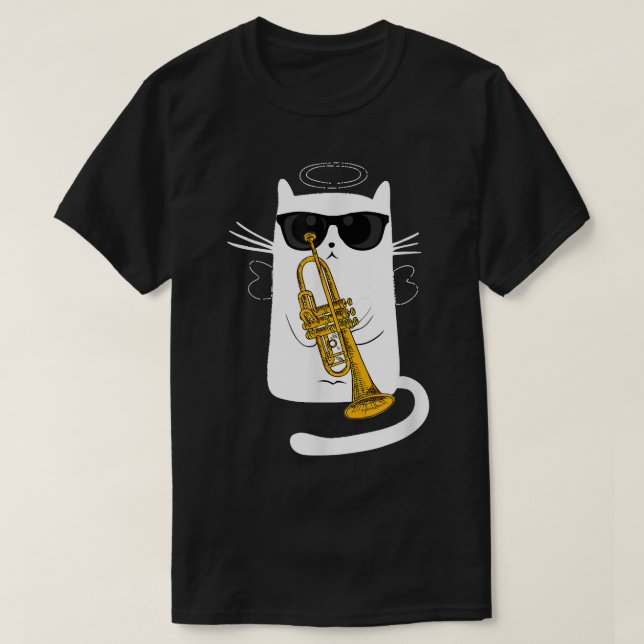 Jazz Funk & Soul Cool Cute Cat Playing Trumpet T-Shirt (Design Front)
