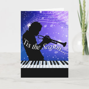 Jazz Horn Player Tis the Season   cobalt blue Holiday Card