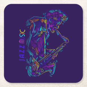 Jazz Music Abstract Neon Drawing Square Paper Coaster