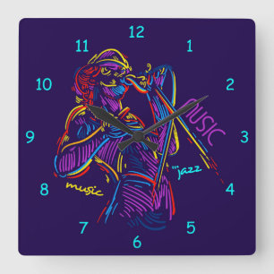 Jazz Music Abstract Neon Drawing Square Wall Clock