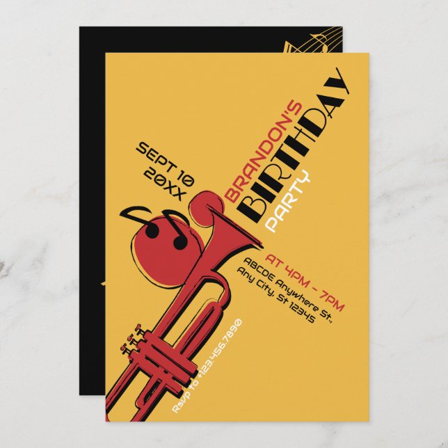 Jazz music trumpet birthday invitation (Front/Back)
