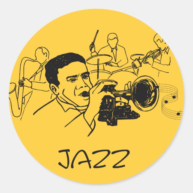 JAZZ musician with trumpet and musical notes Classic Round Sticker (Front)