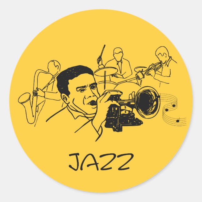 JAZZ musician with trumpet and musical notes Classic Round Sticker (Front)