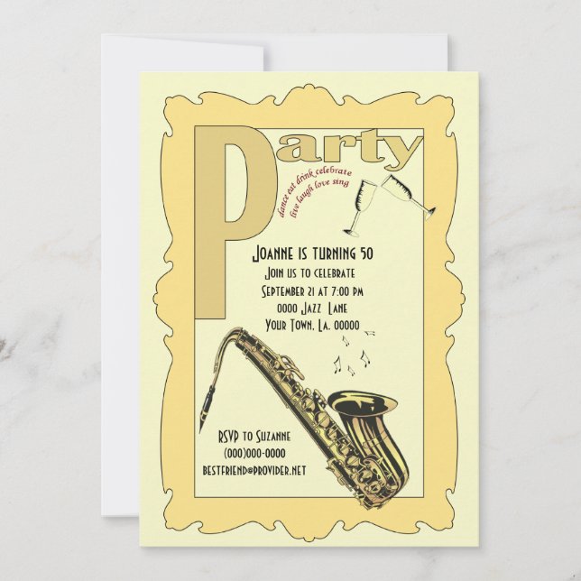 Jazz Saxophone Party Invitation (Front)