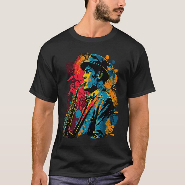 Jazz Saxophone Player Funky Pop 1920s Era Musician T-Shirt (Front)