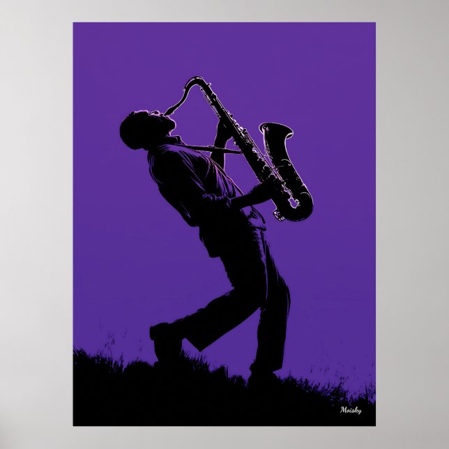 Jazz Saxophonist Poster – Black Silhouette on Purp (Front)
