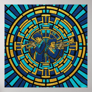 Jazz Trumpeters Poster Blue and Gold Stained Glass