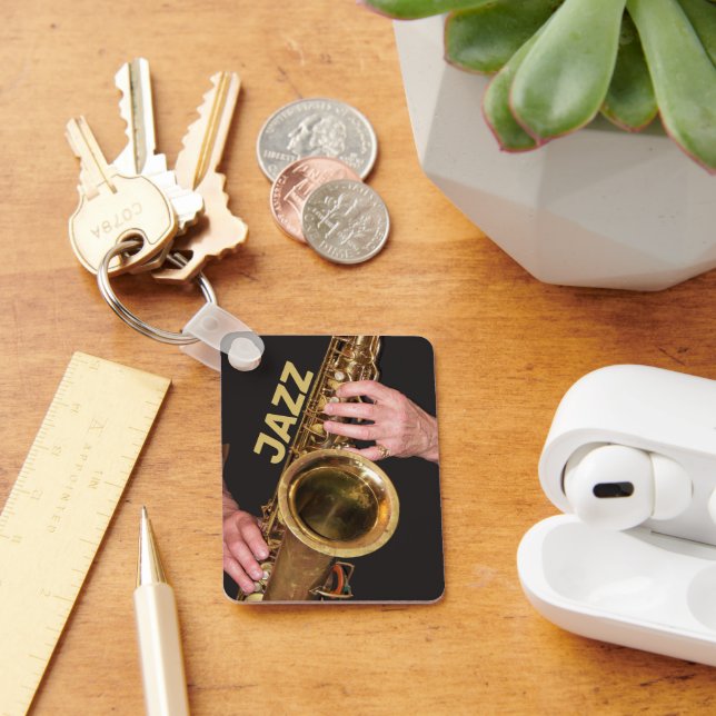 Jazzman Playing Gold Saxophone Photo Key Ring (Desk)