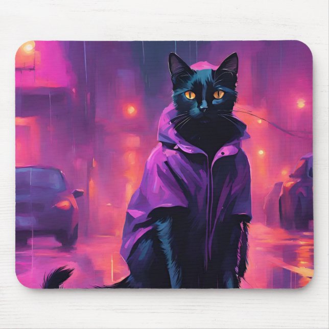 Jazzy  black cat  in purples  mouse pad (Front)
