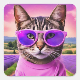 Jazzy  cat  in lavender field square sticker