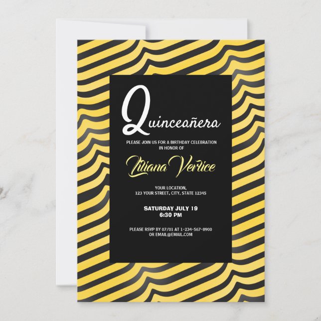 Jazzy Cute Black & Yellow Striped Bumblebee Invitation (Front)