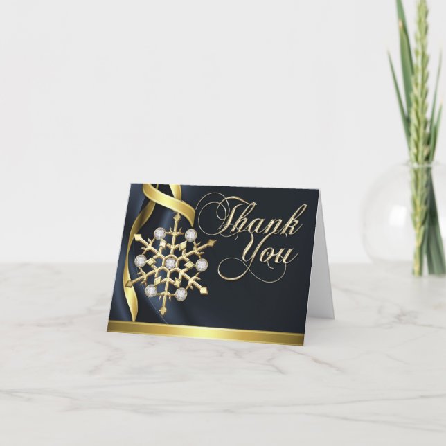 Jazzy Jewelled Snowflake Black Thank You Card (Front)