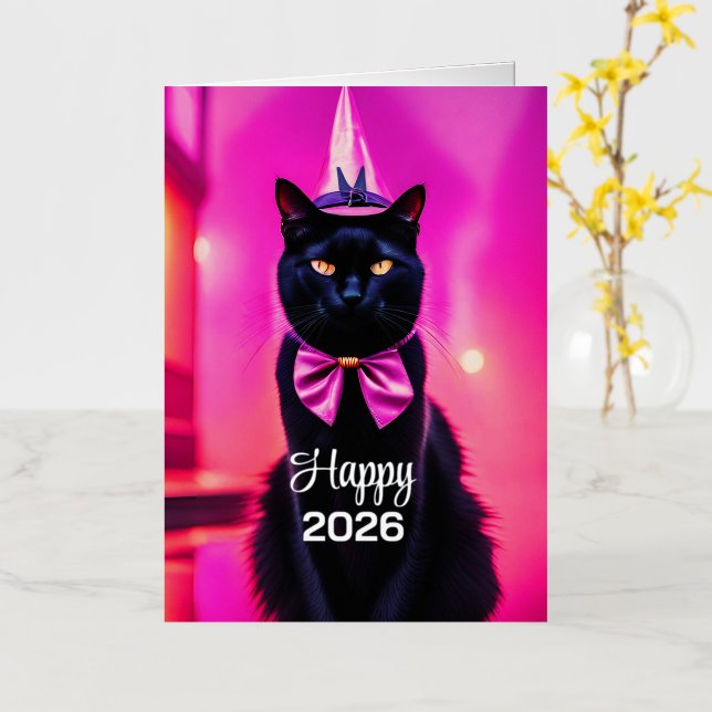 Jazzy Kitty   - Happy 2026 Foil Greeting Card (Yellow Flower)