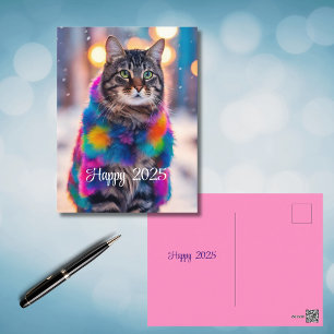Jazzy Kitty in fur coat - Happy 2025 Holiday Postcard