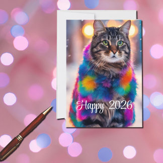 Jazzy Kitty   in fur  coat  - Happy 2026 Holiday Card