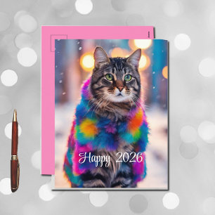 Jazzy Kitty   in fur  coat  - Happy 2026 Holiday Postcard