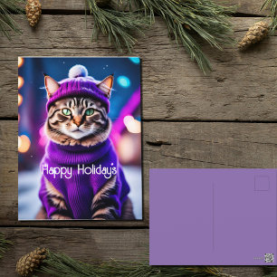 Jazzy Kitty  in purple sweater  Holiday Postcard