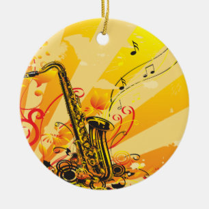 Jazzy Saxophone Beams Of Music Ceramic Ornament