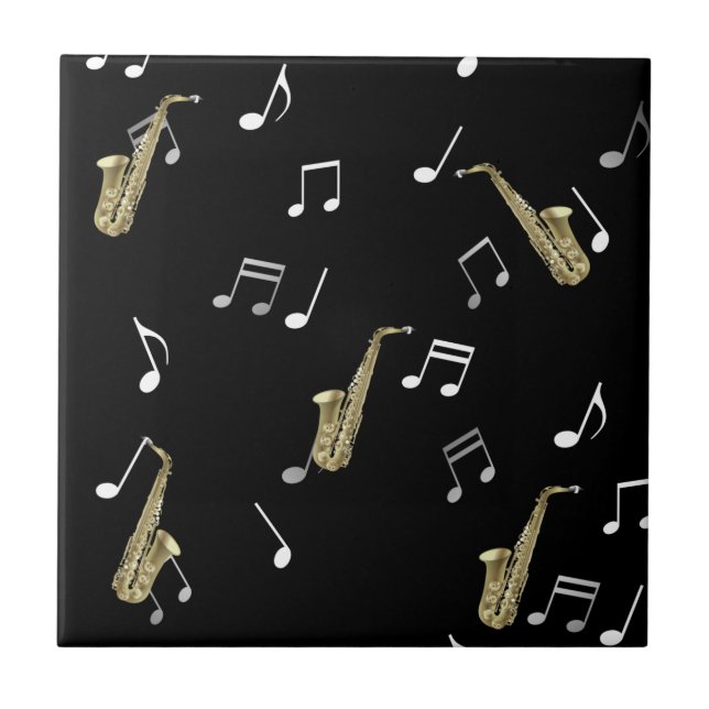 Jazzy Saxophone & Musical Notes Ceramic Tile (Front)