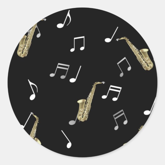 Jazzy Saxophone & Musical Notes  Classic Round Sticker (Front)