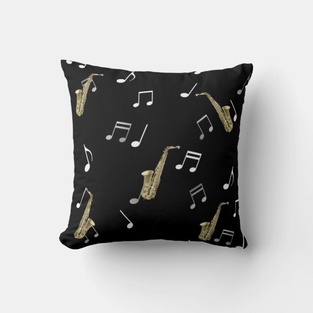 Jazzy Saxophone & Musical Notes Cushion (Front)