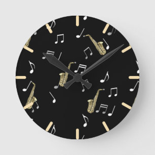 Jazzy Saxophone & Musical Notes  Round Clock