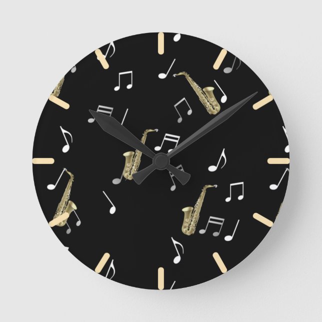 Jazzy Saxophone & Musical Notes  Round Clock (Front)
