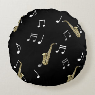 Jazzy Saxophone & Musical Notes  Round Cushion