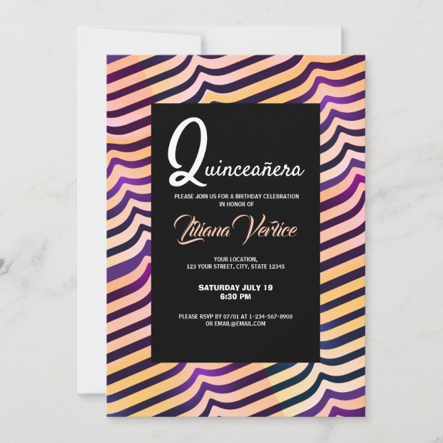 Jazzy Shining Peach Purple Diagonal Stripes Invitation (Front)