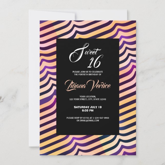 Jazzy Shining Peach Purple Diagonal Stripes Invitation (Front)
