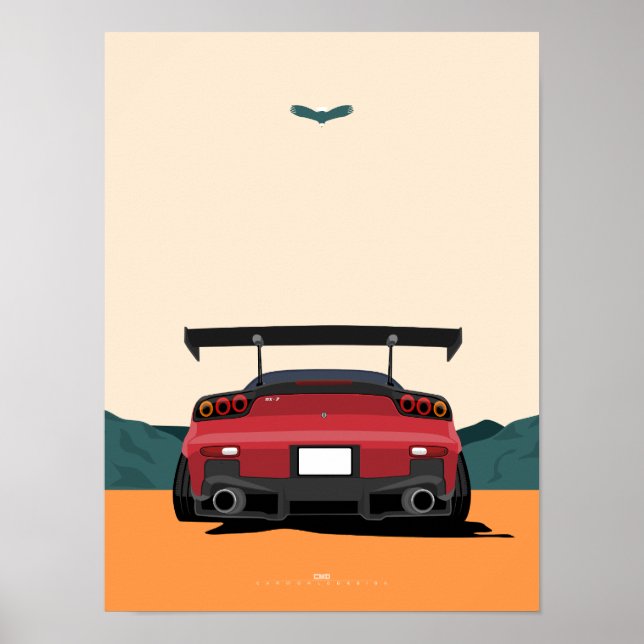 JDM Red RX-7 Rear View Racing Car Illustration Art Poster (Front)