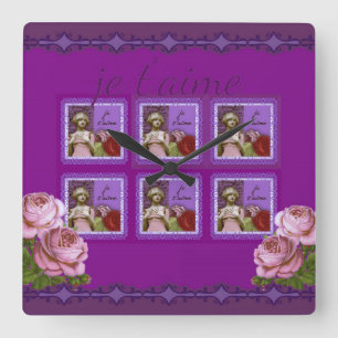 Je T’aime Purple Romantic Girl Vintage Collage Square Wall Clock
