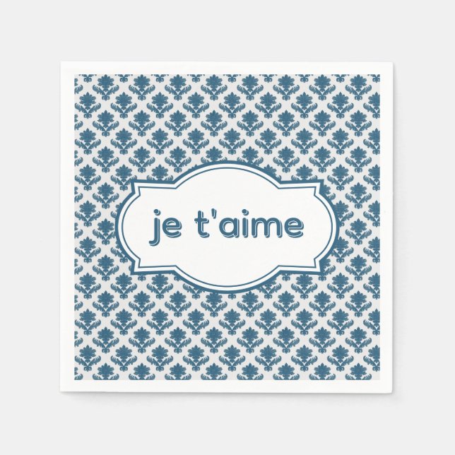 Je T'aime Elegant French Tapestry Blue White Napkin (Front)