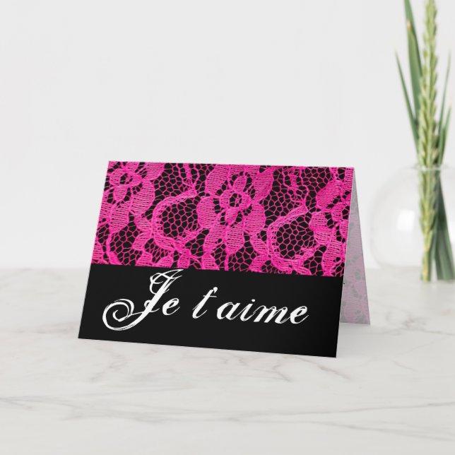 Je T'aime Hot Pink/Black Lace Holiday Card (Front)
