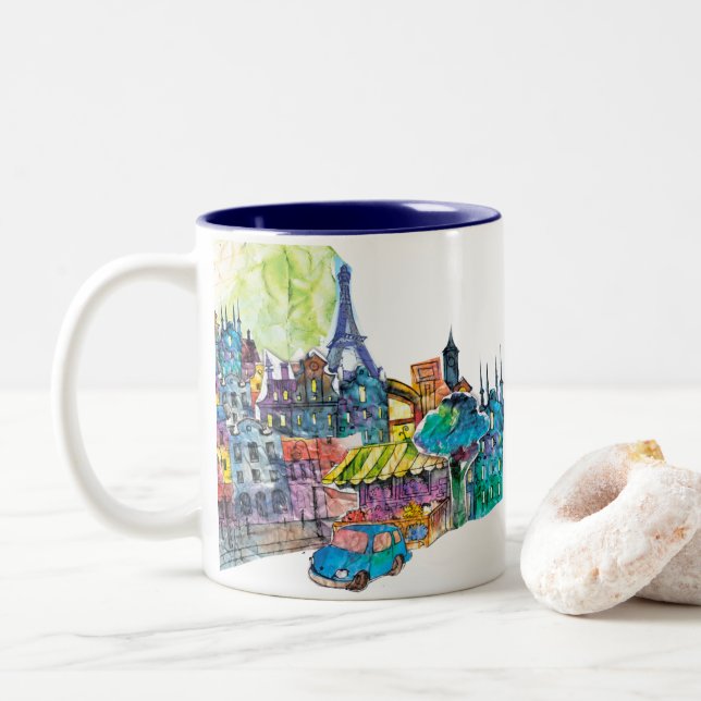 Je T'aime Paris | Eiffel Tower Paris Nightlife Two-Tone Coffee Mug (With Donut)