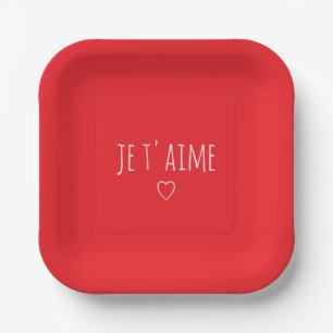 'Je T'aime' Romantic Red White Valentine's Day Paper Plate